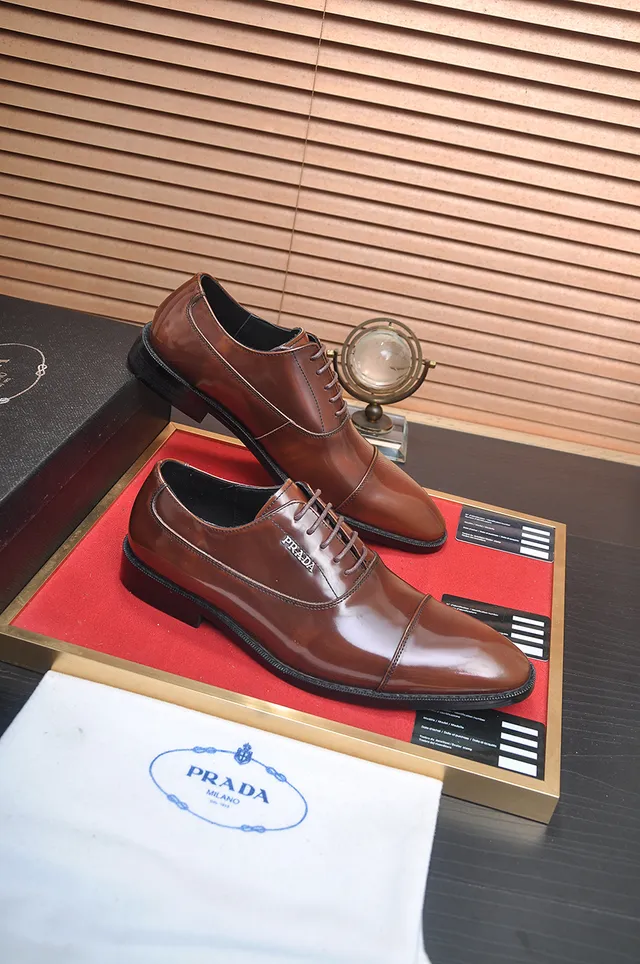 Prada Marron Noir Cuir Poli Embout Cap Chaussures Oxford 4