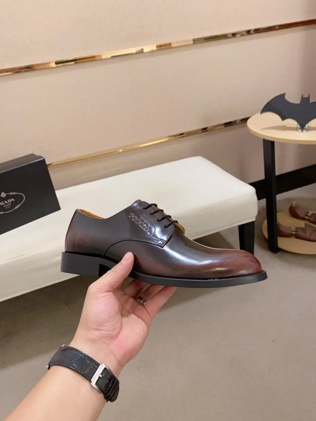 Prada Brown Polished Leather Cap Toe Oxford Shoes 4