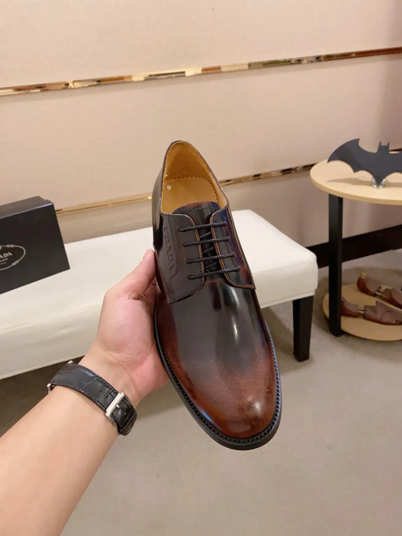 Prada Brown Polished Leather Cap Toe Oxford Shoes 5