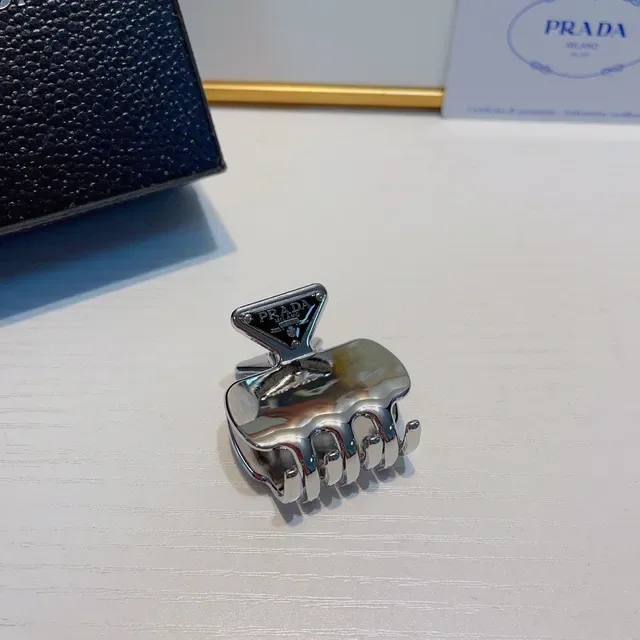 Prada Claw Silver Black Metallic Grip Triangular Branded Clasp Brooch 6