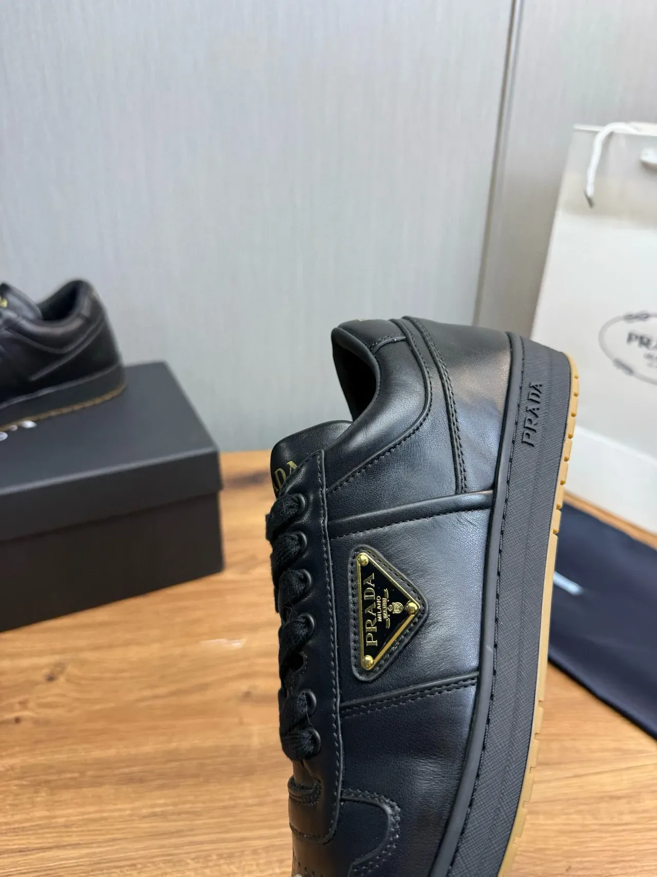 Prada Cloudbust Black Gold Leather Upper Perforated Toe Cap Lifestyle Sneakers 8