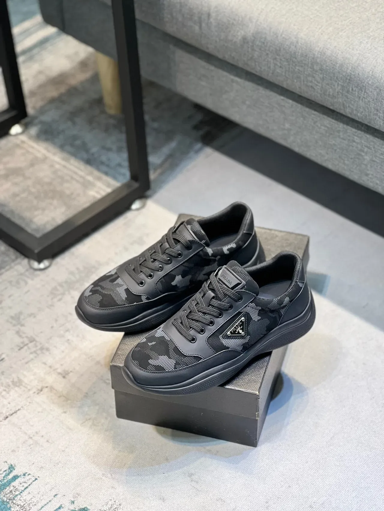 Prada Cloudbust Black Gray Low-Top Camo-Print Lifestyle Sneakers 7