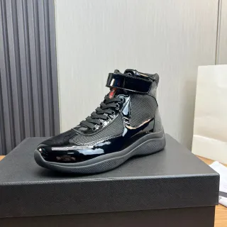 Prada Cloudbust حذاء رياضي أسود جلد لامع شبكي عالي أسلوب حياة