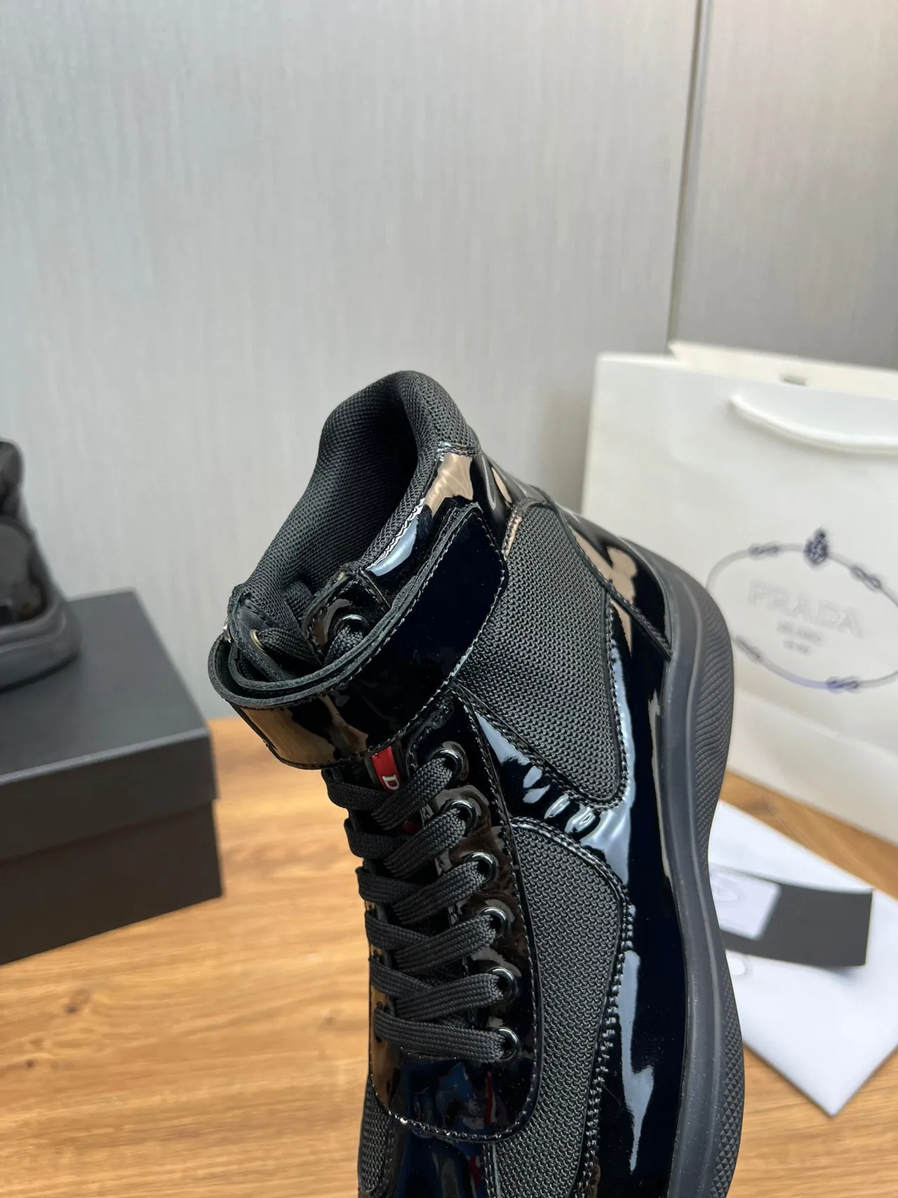 Prada Cloudbust Black Patent Leather Mesh High-Top Lifestyle Sneaker 2