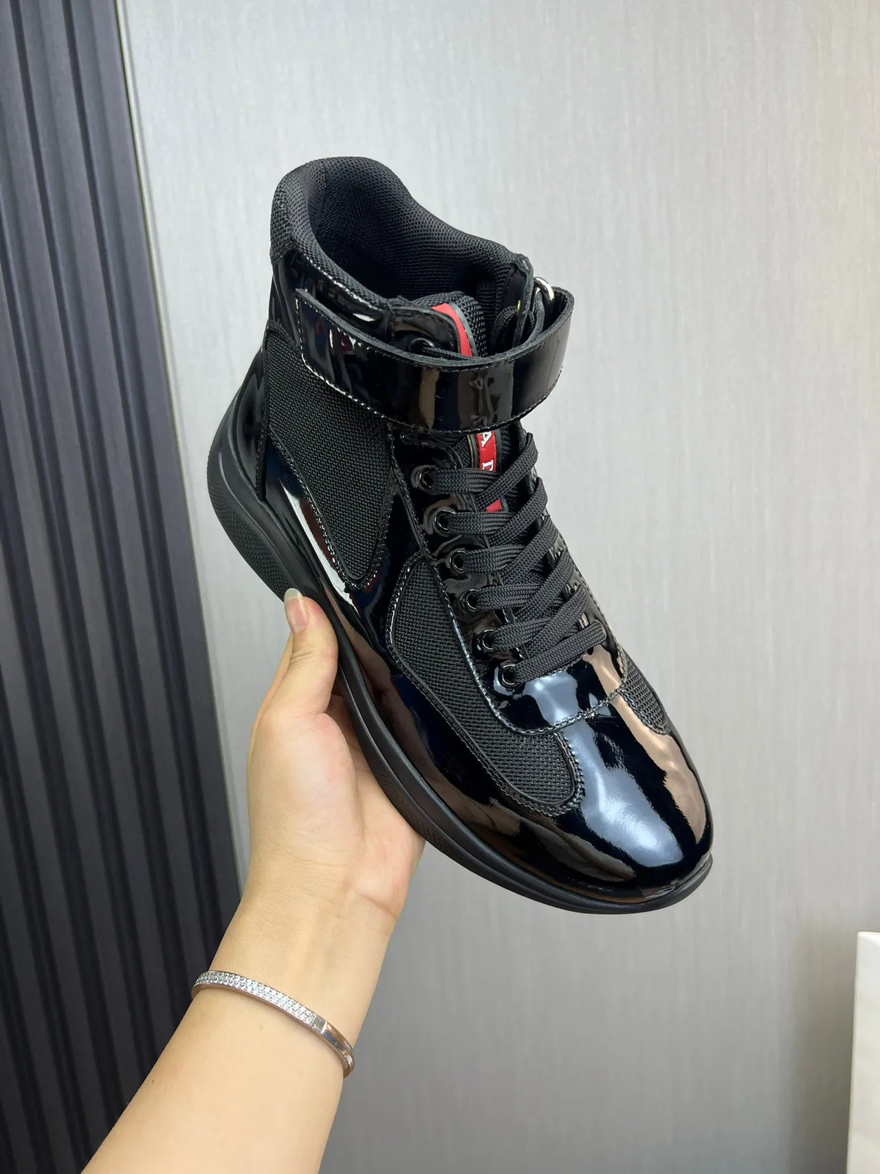 Prada Cloudbust Black Patent Leather Mesh High-Top Lifestyle Sneaker 3
