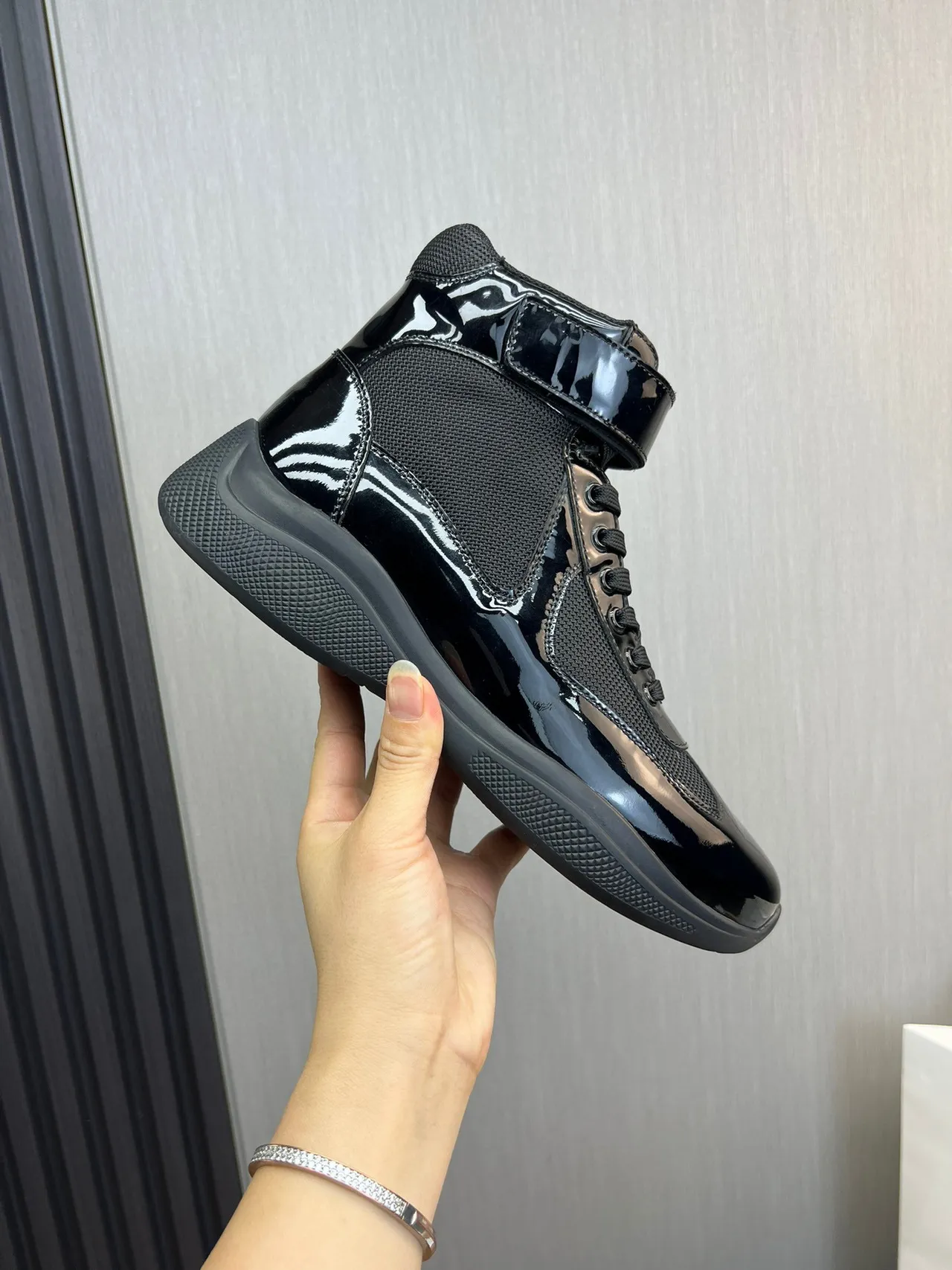 Prada Cloudbust Black Patent Leather Mesh High-Top Lifestyle Sneaker 4