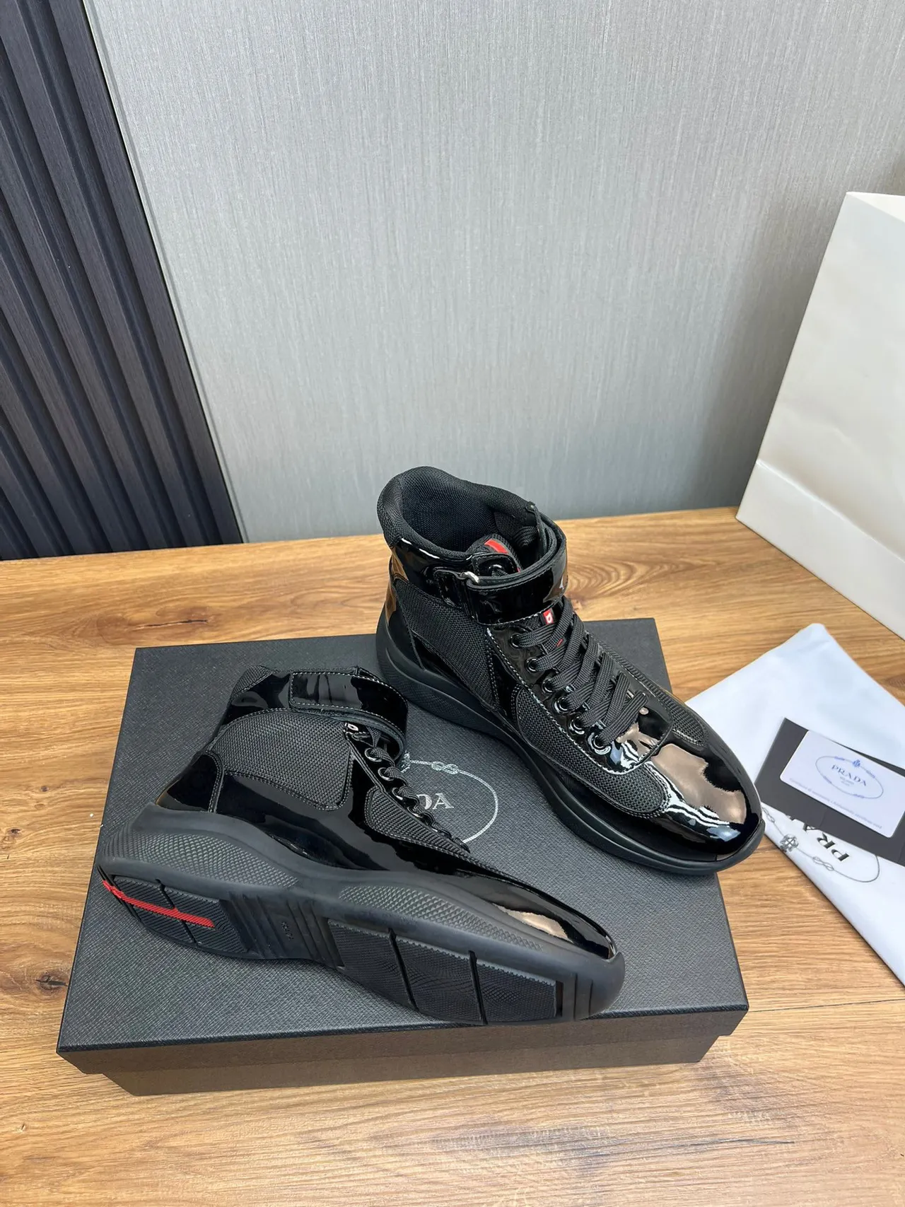Prada Cloudbust Black Patent Leather Mesh High-Top Lifestyle Sneaker 5