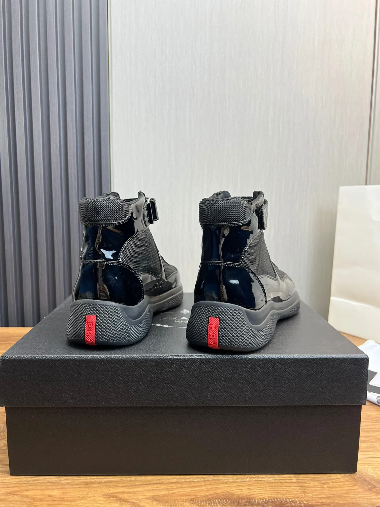 Prada Cloudbust Black Patent Leather Mesh High-Top Lifestyle Sneaker 6