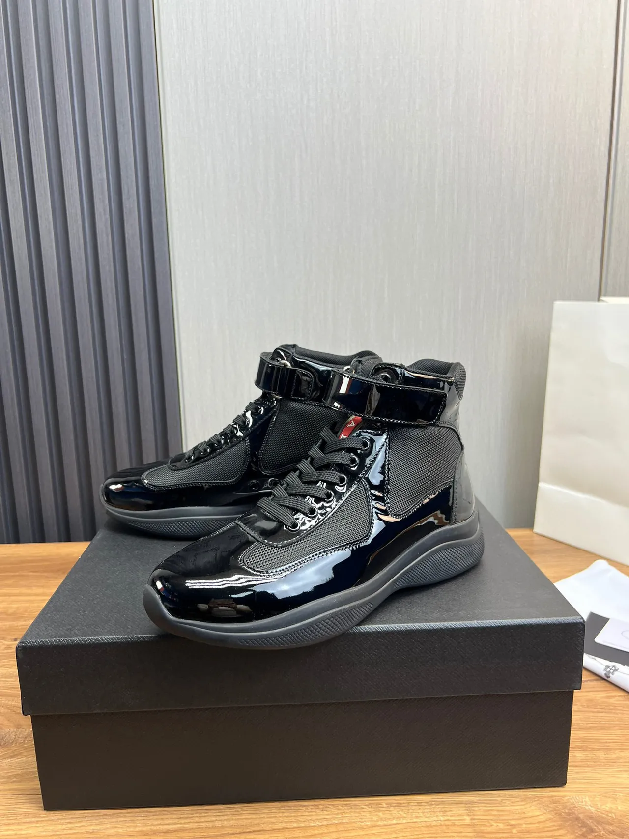 Prada Cloudbust Black Patent Leather Mesh High-Top Lifestyle Sneaker 8