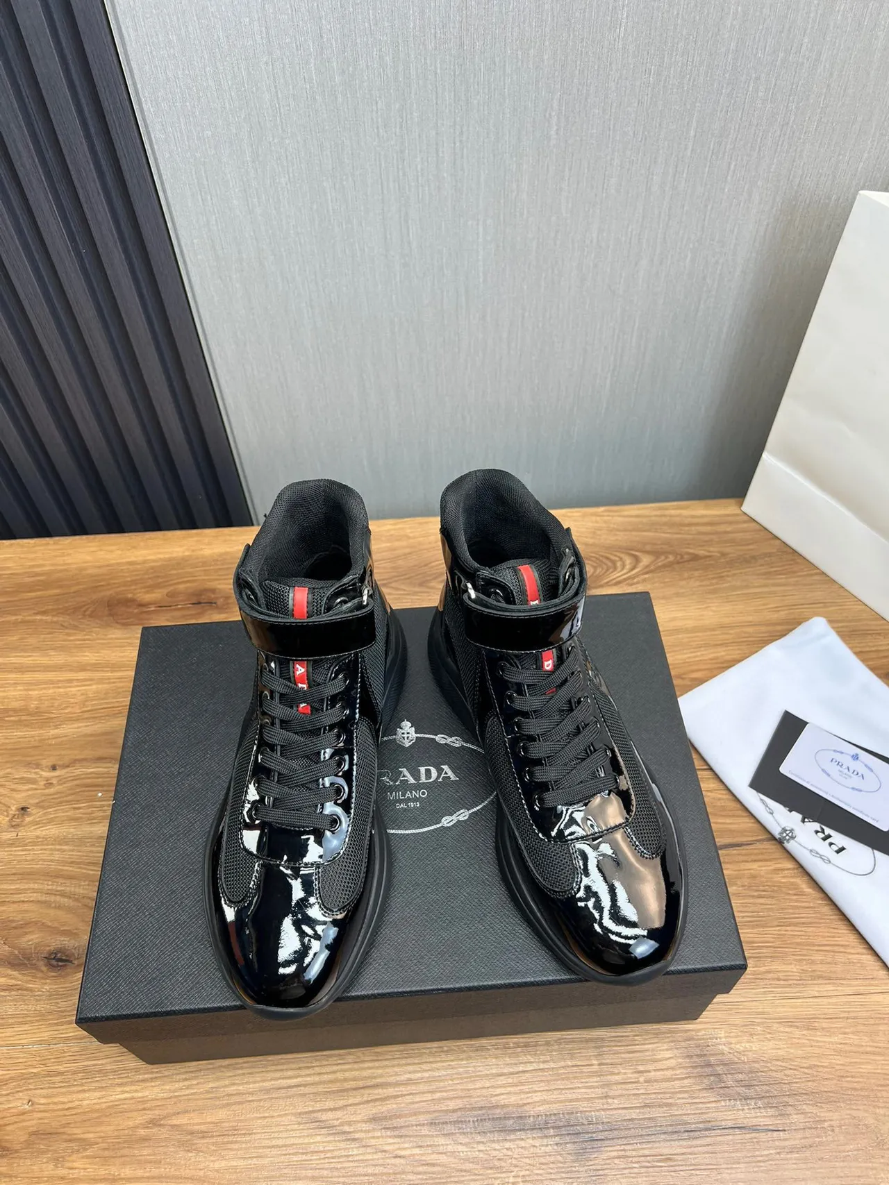 Prada Cloudbust Black Patent Leather Mesh High-Top Lifestyle Sneaker 9