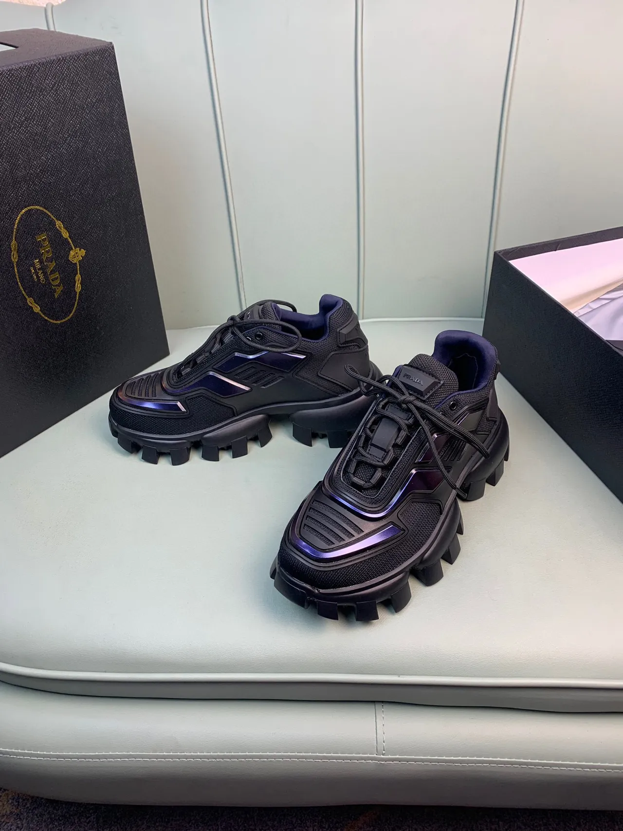Prada Cloudbust Black Purple Lug Sole Iridescent Accents Chunky Sneakers 8