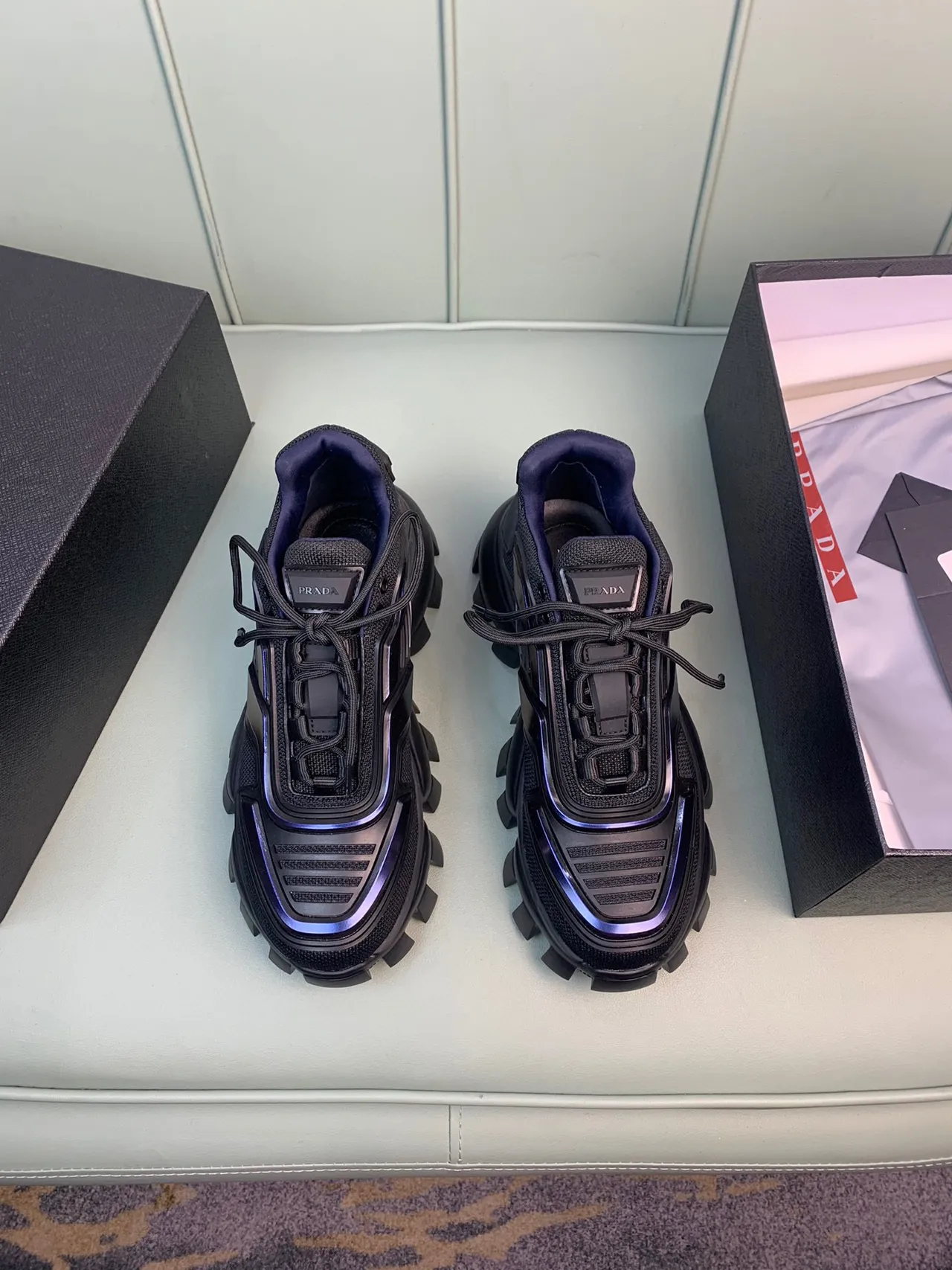 Prada Cloudbust Black Purple Lug Sole Iridescent Accents Chunky Sneakers 9