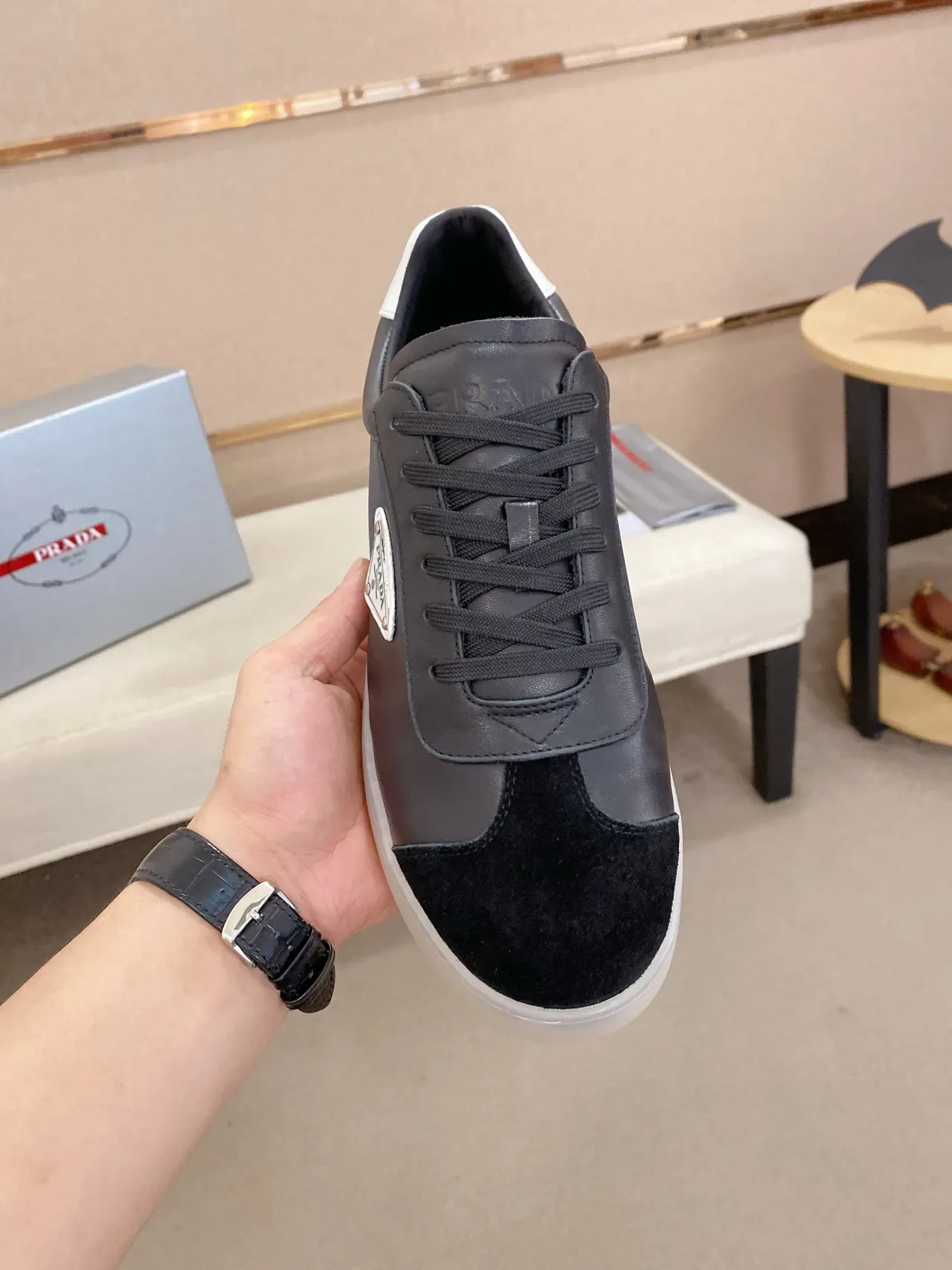 Prada Cloudbust Black White Two-Tone Leather And Suede Paneling Lifestyle Sneakers 2