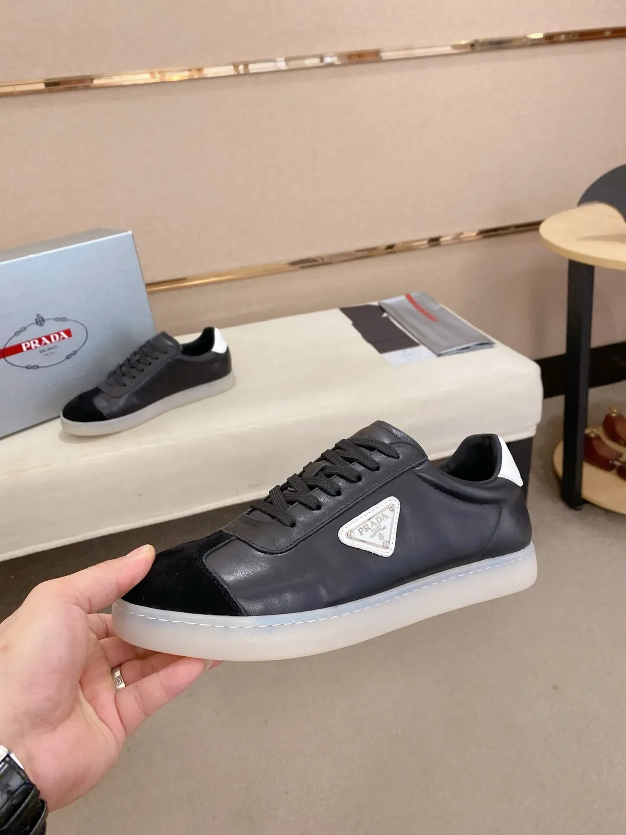 Prada Cloudbust Black White Two-Tone Leather And Suede Paneling Lifestyle Sneakers 3