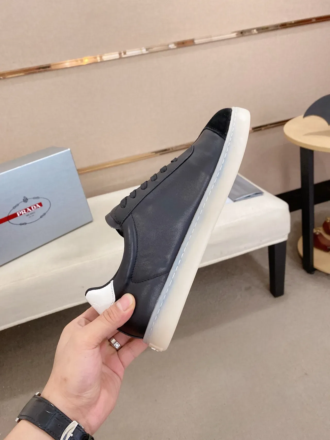 Prada Cloudbust Black White Two-Tone Leather And Suede Paneling Lifestyle Sneakers 5