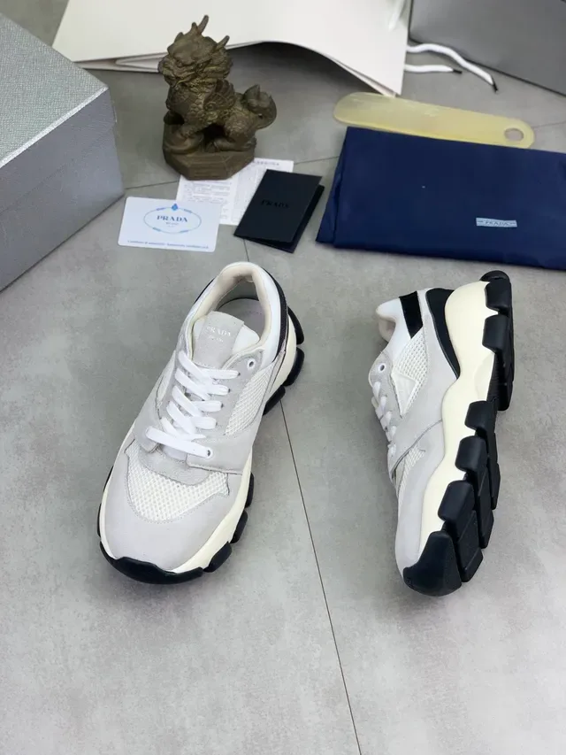 Prada Cloudbust Gray White Layered Suede And Mesh Upper Triangular Logo Patch Chunky Sneakers 5