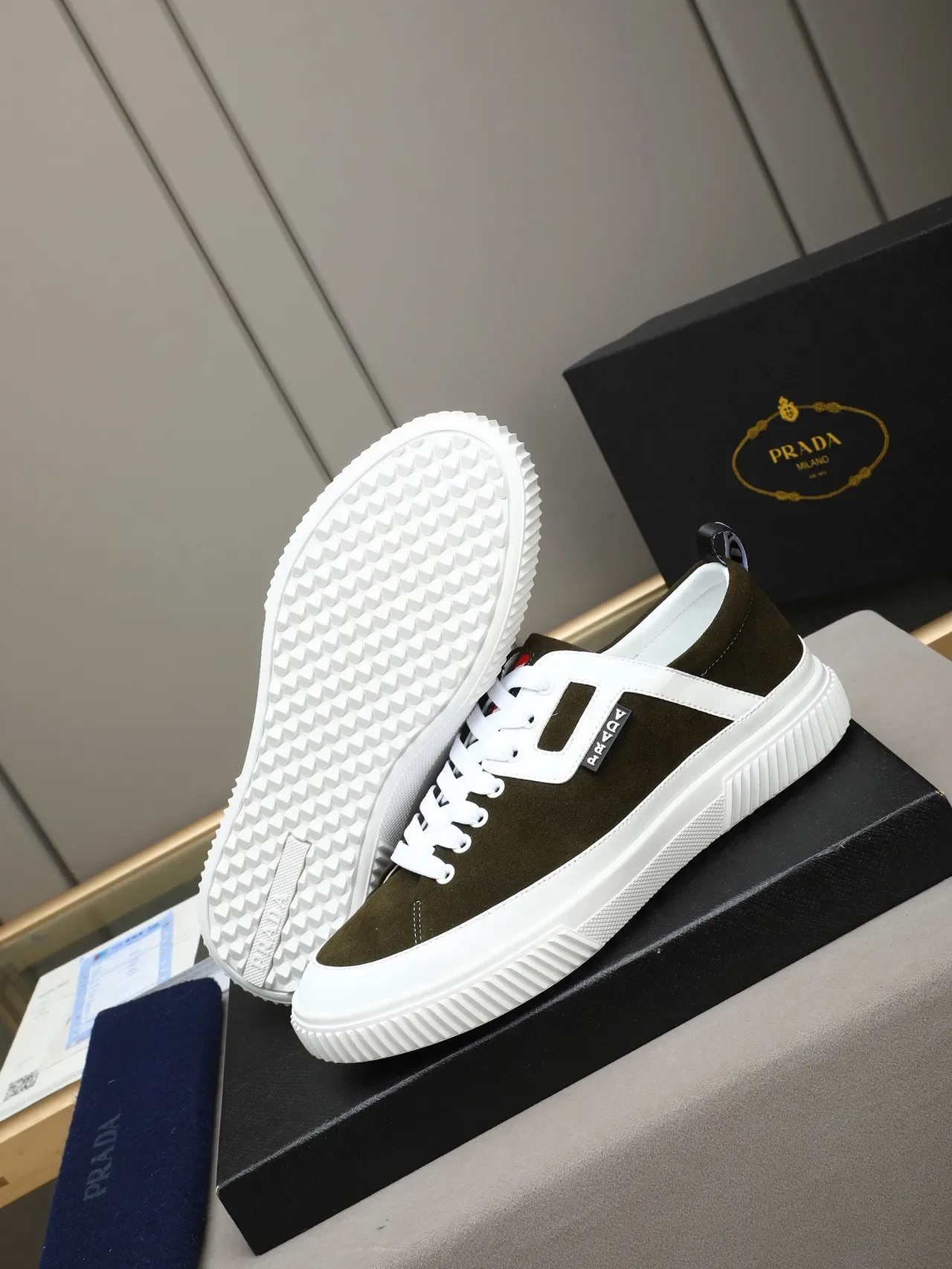 Prada Cloudbust Olive Green Suede and White Lifestyle Sneakers 5