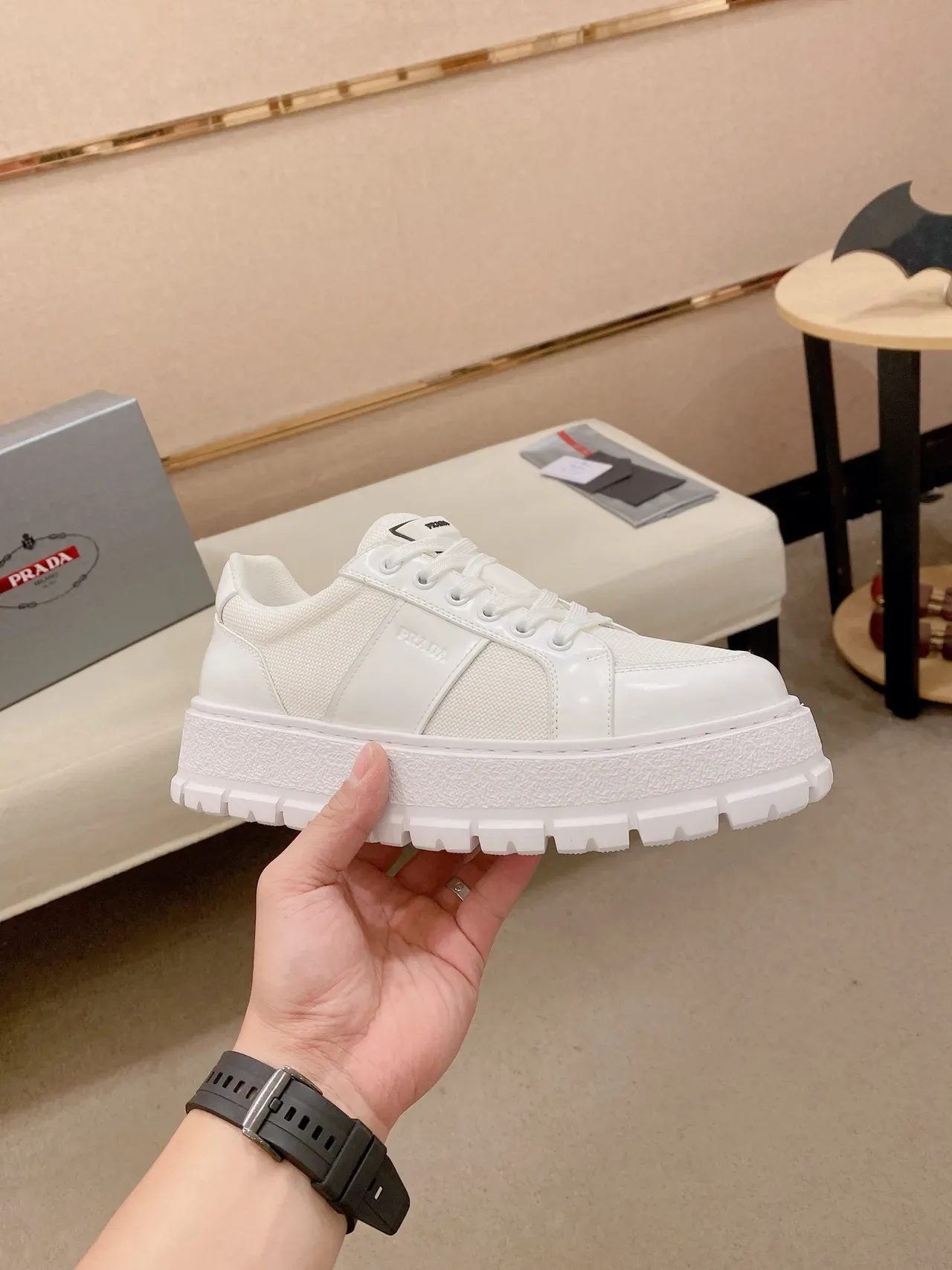 Prada Cloudbust White Platform Sole Glossy Patent Toe Cap Chunky Sneakers 4