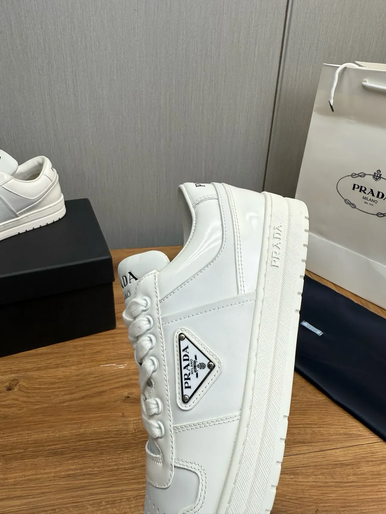 Prada Cloudbust White Silver Low-Top Leather-Like Smooth Upper Lifestyle Sneakers 9