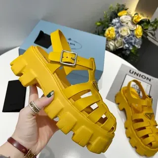 Prada Cloudbust Yellow Silver Chunky Platform Strap Gladiator Sandals