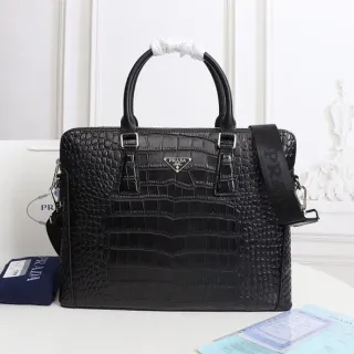 Prada Galleria Crocodile-Embossed Black Structured Tote Bag
