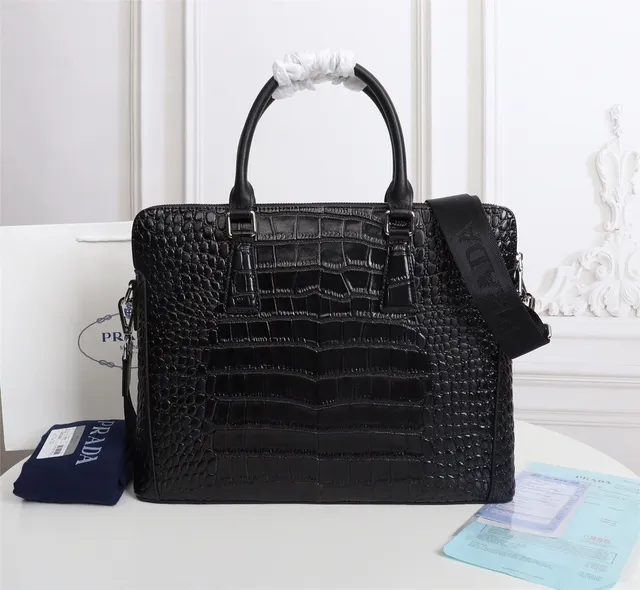 Prada Galleria Crocodile-Embossed Black Structured Tote Bag 3