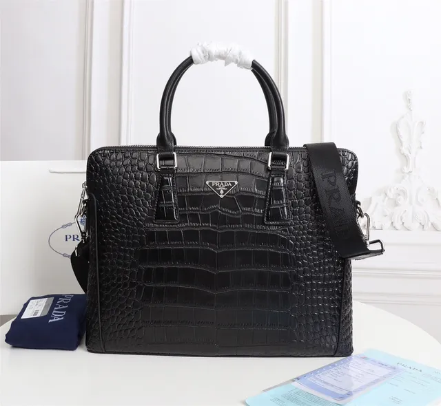Prada Galleria Crocodile-Embossed Black Structured Tote Bag 5