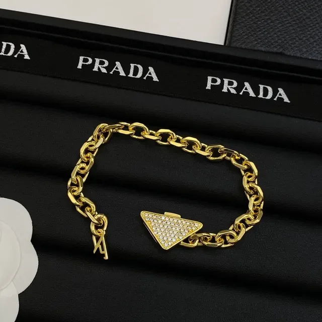 Prada Gold White Chunky Curb Chain Paved Crystal Triangle Pendant Necklace 2
