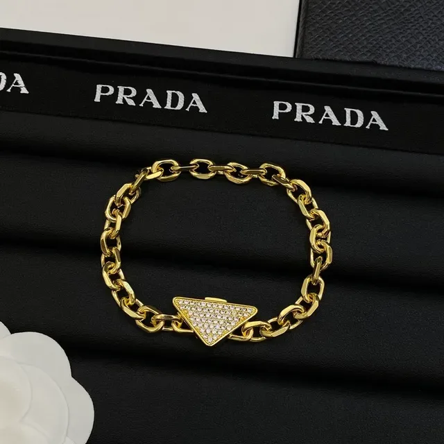 Prada Gold White Chunky Curb Chain Paved Crystal Triangle Pendant Necklace 3