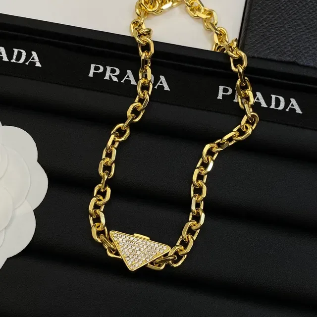 Prada Gold White Chunky Curb Chain Paved Crystal Triangle Pendant Necklace 4