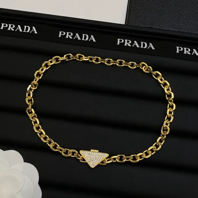 Prada Gold White Chunky Curb Chain Paved Crystal Triangle Pendant Necklace 5