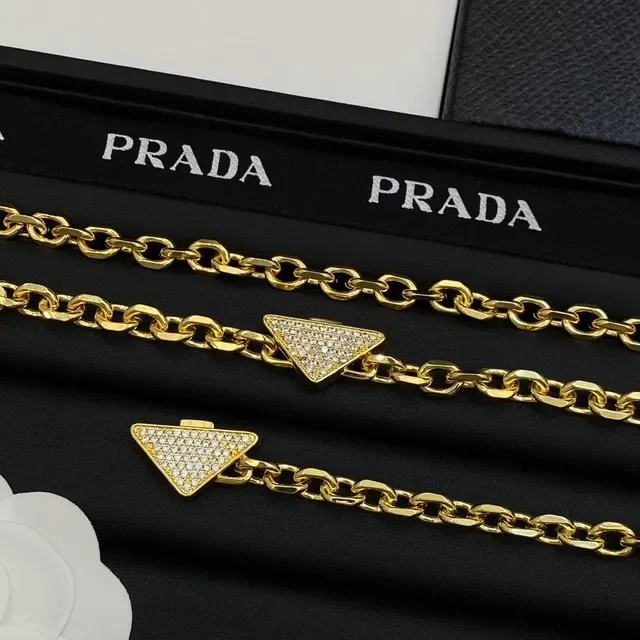 Prada Gold White Chunky Curb Chain Paved Crystal Triangle Pendant Necklace 6