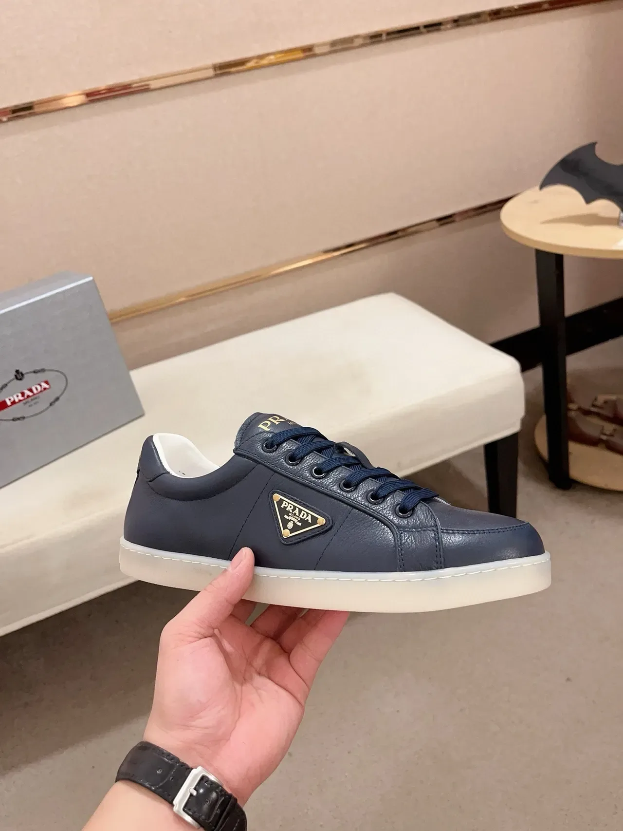 Prada Lifestyle Sneaker Navy White Leather Upper Contrast Sole Lifestyle Sneakers 5