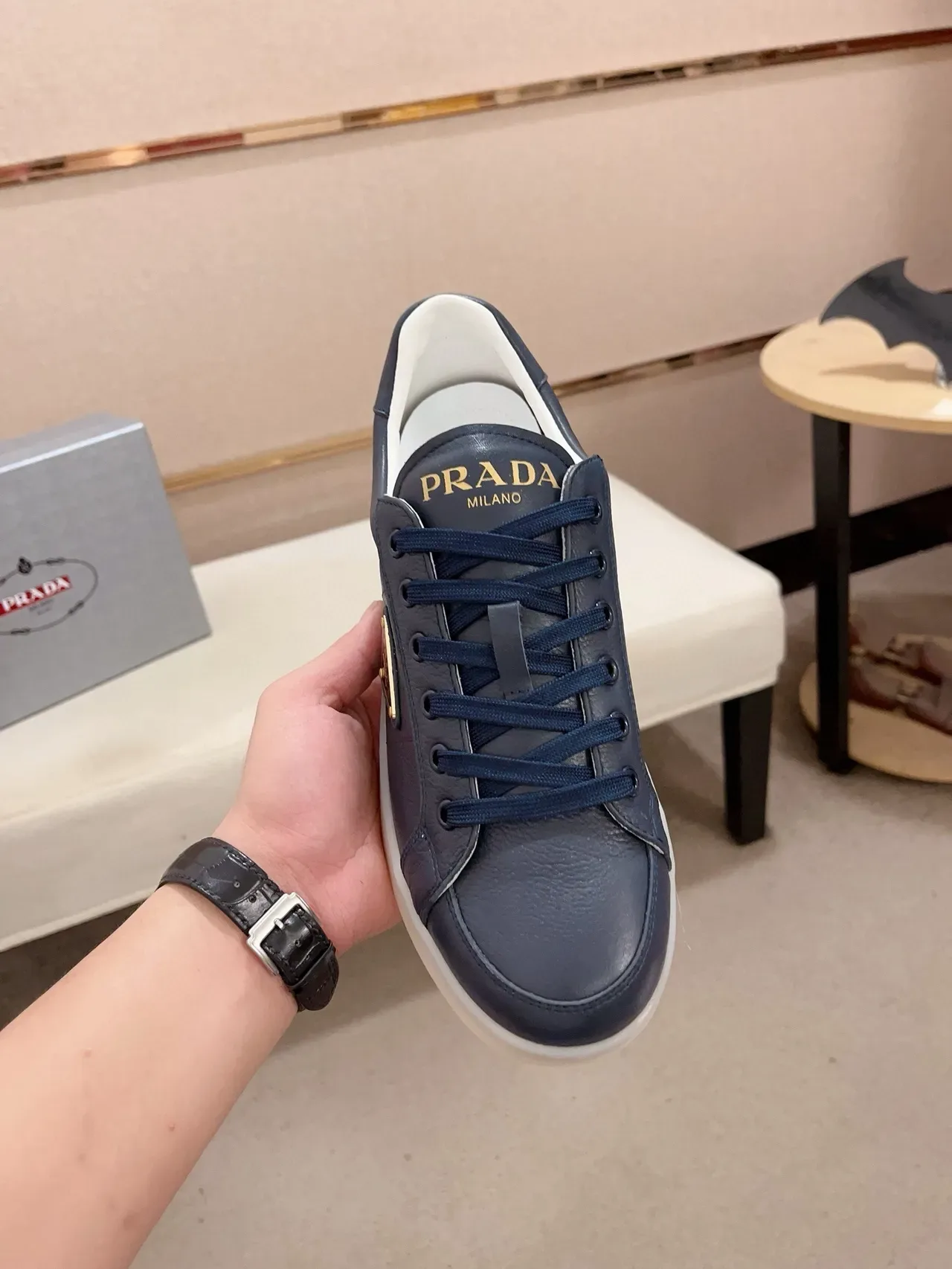 Prada Lifestyle Sneaker Navy White Leather Upper Contrast Sole Lifestyle Sneakers 6