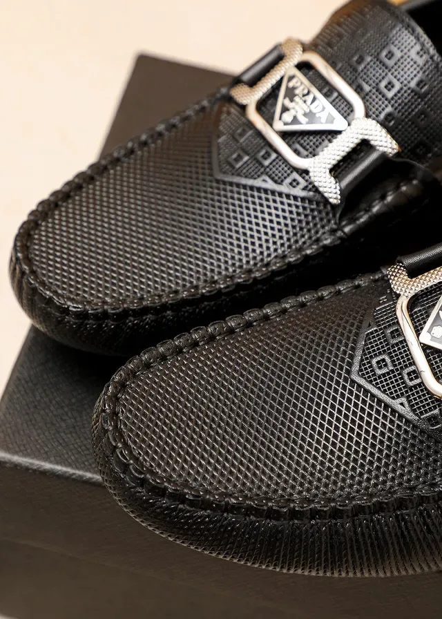 Prada Logo Buckle Perforated Leather Black Loafers 2