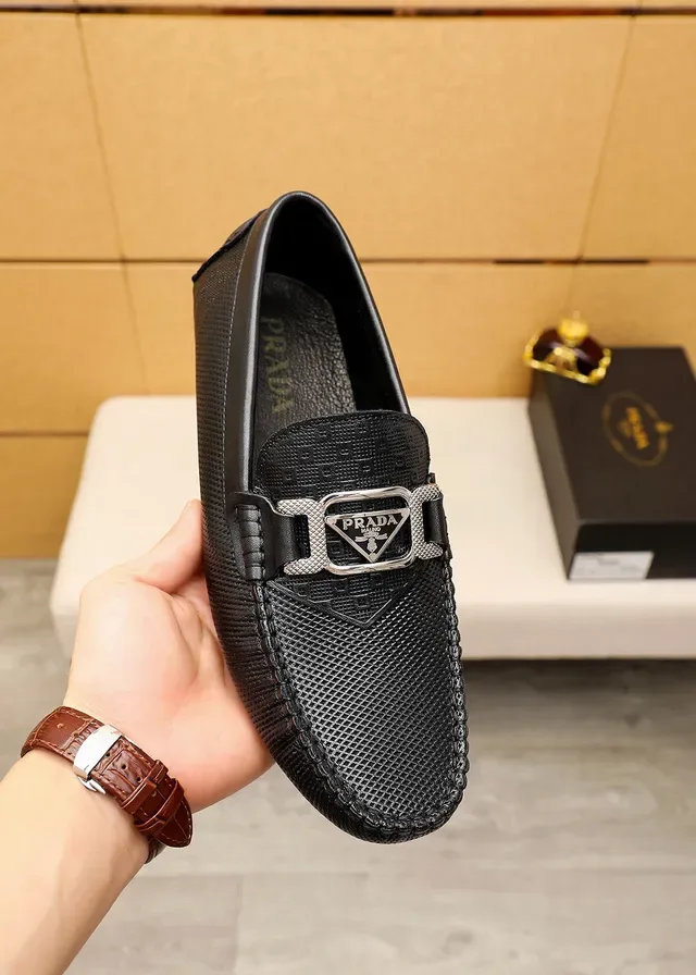 Prada Logo Buckle Perforated Leather Black Loafers 4
