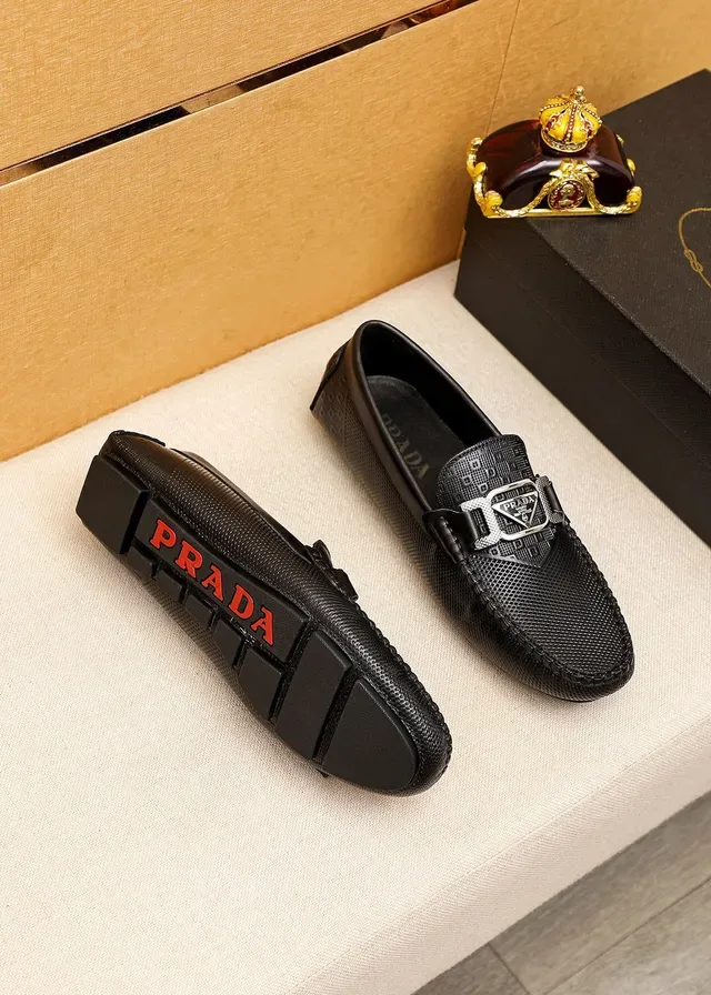 Prada Logo Buckle Perforated Leather Black Loafers 6