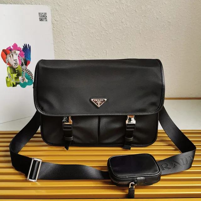Prada Re-Nylon Black Matte Fabric Triangular Metal Logo Plaque Messenger Bag 2