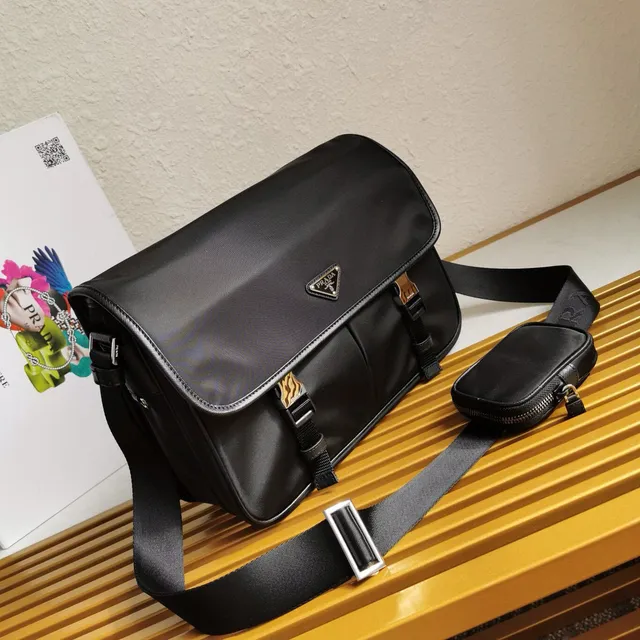 Prada Re-Nylon Black Matte Fabric Triangular Metal Logo Plaque Messenger Bag 6