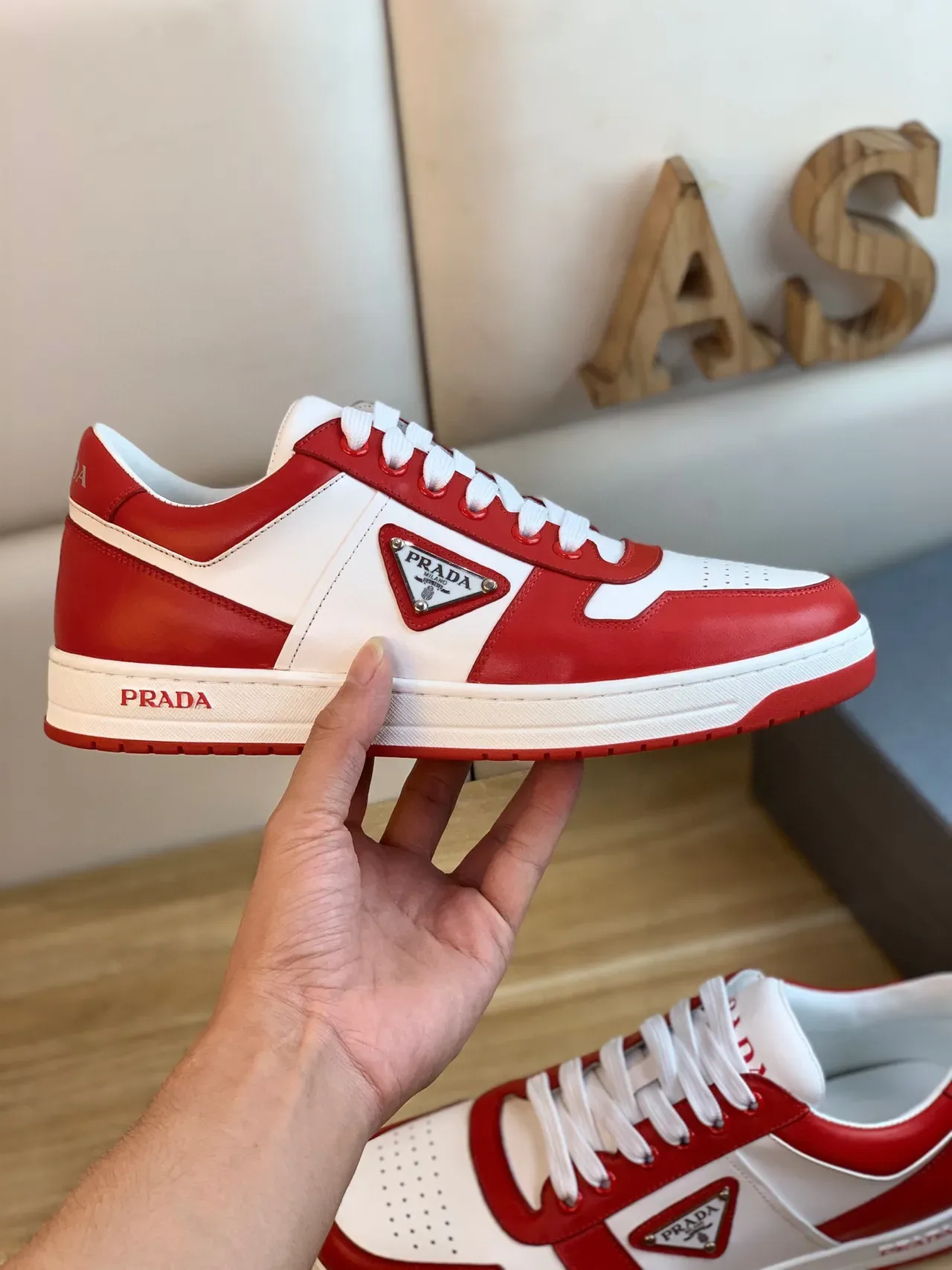 Prada Red White Color-Blocked Leather Triangular Logo Plaque Sneakers 1