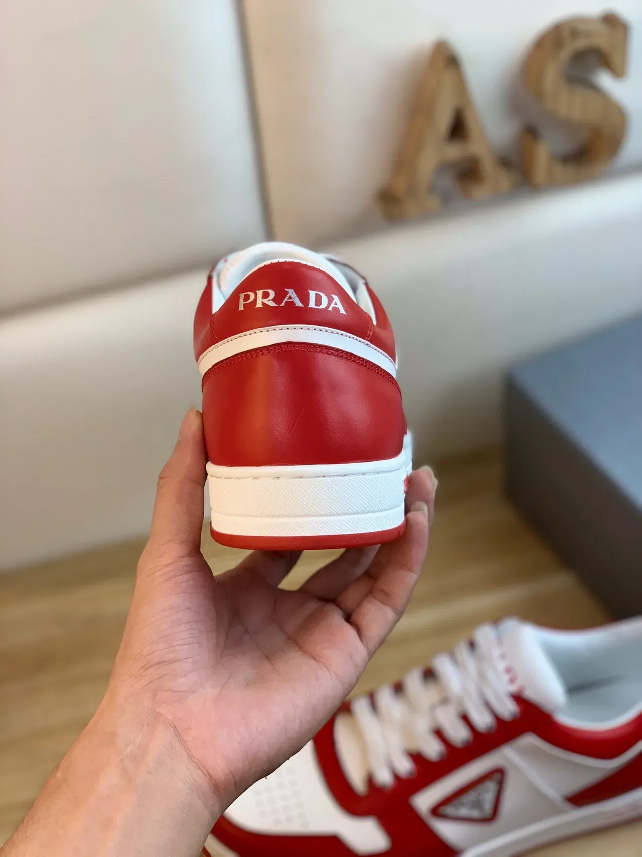 Prada Red White Color-Blocked Leather Triangular Logo Plaque Sneakers 3