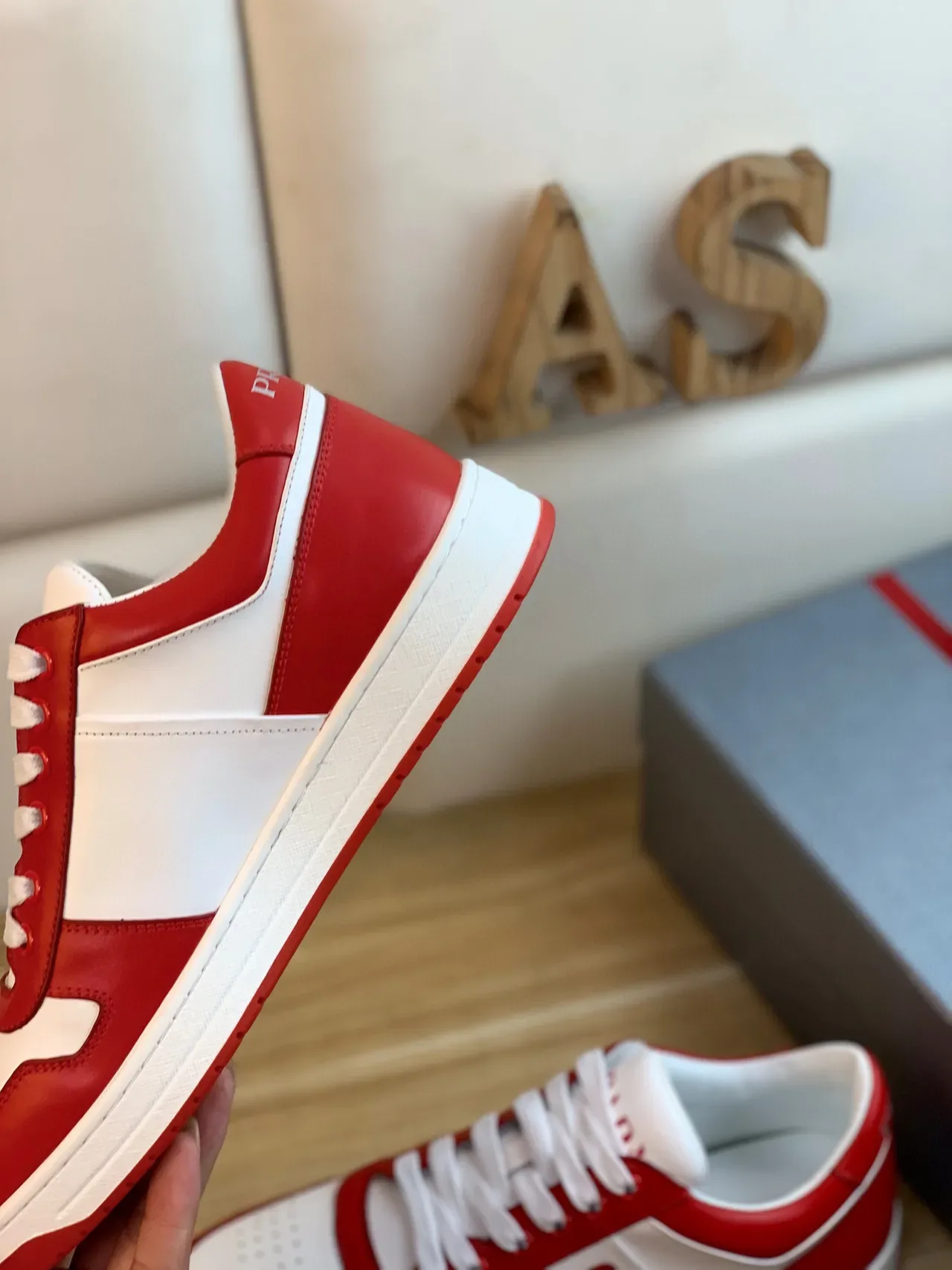 Prada Red White Color-Blocked Leather Triangular Logo Plaque Sneakers 4