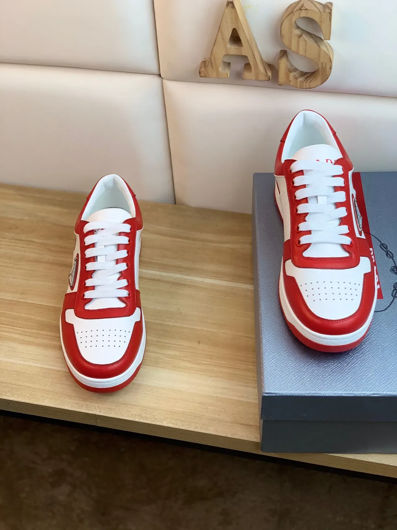 Prada Red White Color-Blocked Leather Triangular Logo Plaque Sneakers 6