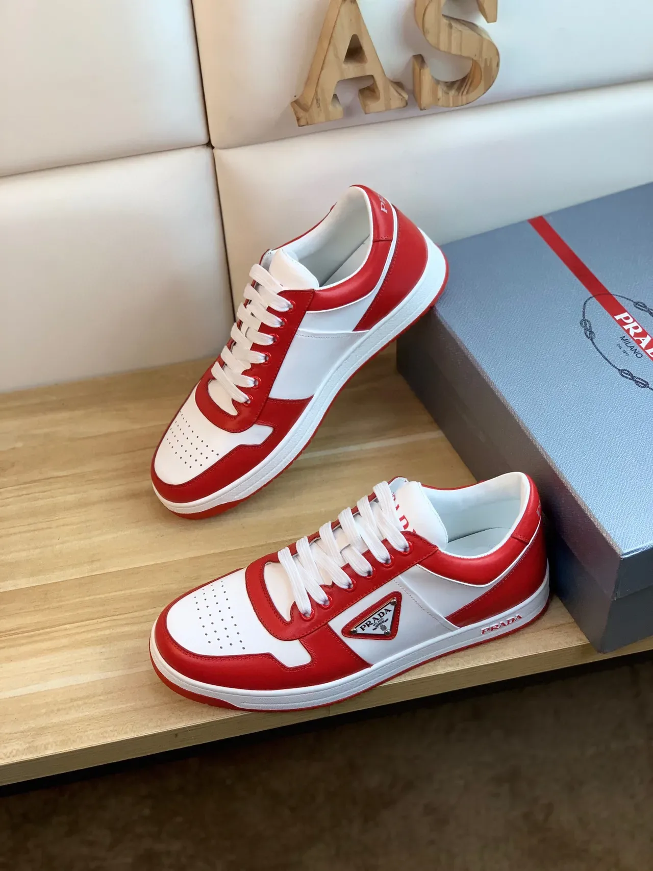 Prada Red White Color-Blocked Leather Triangular Logo Plaque Sneakers 7