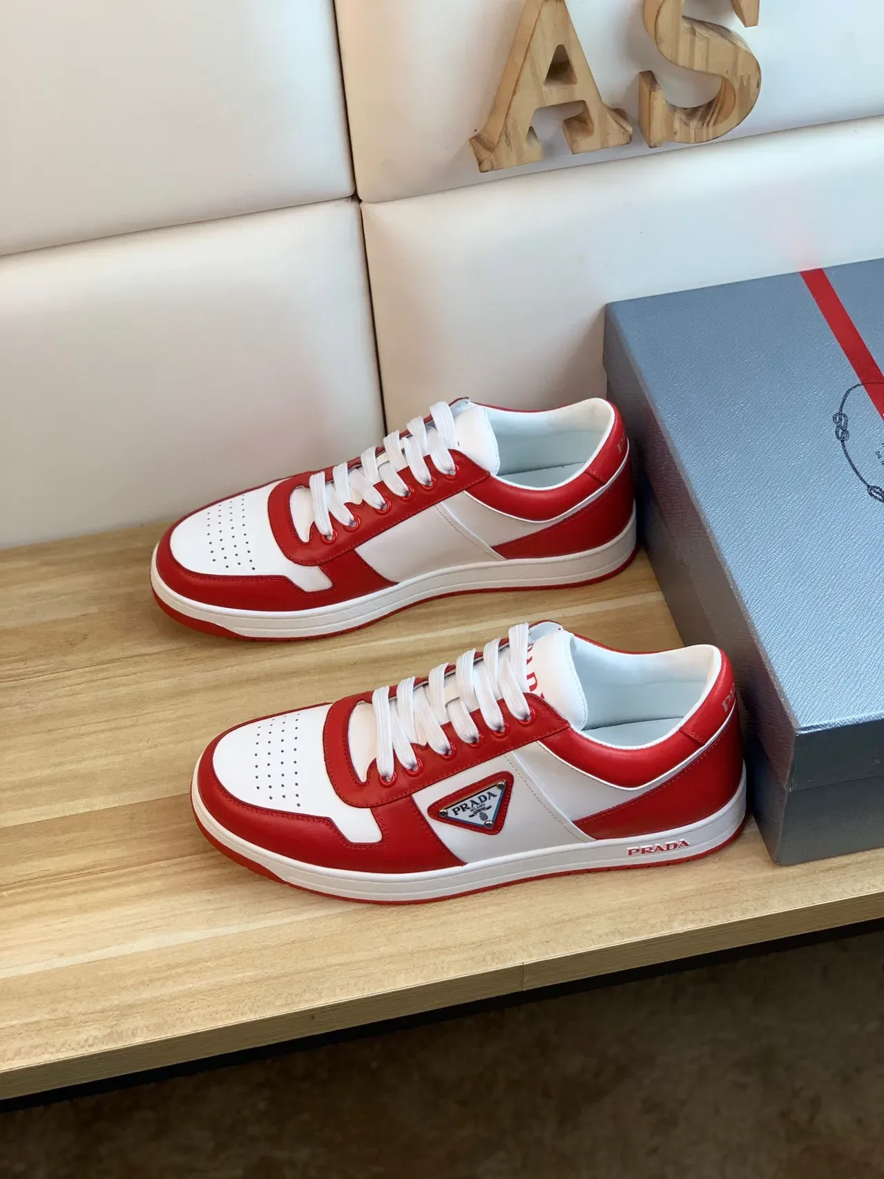 Prada Red White Color-Blocked Leather Triangular Logo Plaque Sneakers 8