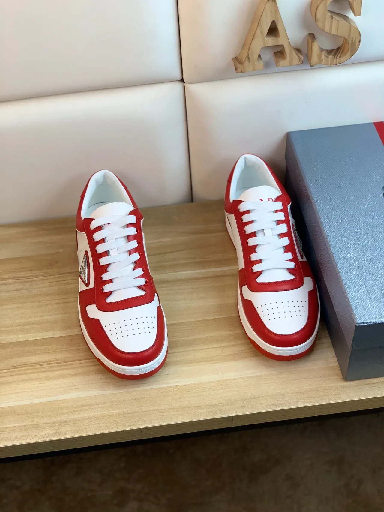 Prada Red White Color-Blocked Leather Triangular Logo Plaque Sneakers 9