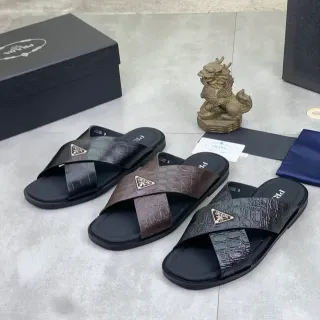 Prada Slide Black Brown Crocodile-Embossed Leather Crossed Double-Strap Slippers