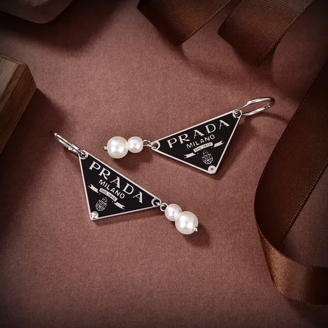 Prada Triangle Logo Black White Triangular Enamel Tag Silver-Tone Metal Earrings 3