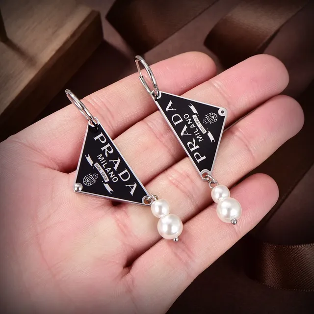 Prada Triangle Logo Black White Triangular Enamel Tag Silver-Tone Metal Earrings 5