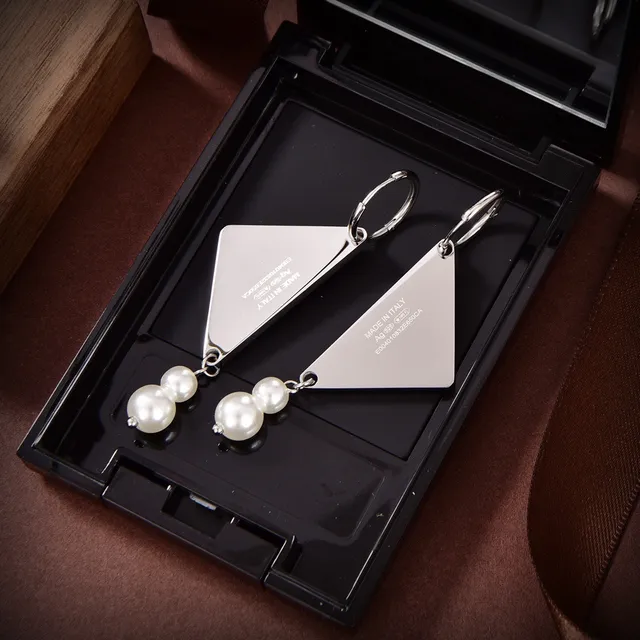 Prada Triangle Logo Black White Triangular Enamel Tag Silver-Tone Metal Earrings 6